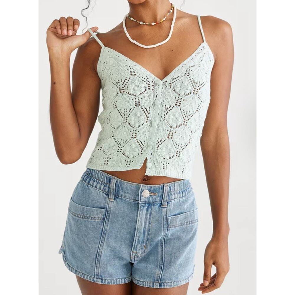 Aeropostale Tank Top Women's Crocheted Button-Front Cropped V-Neck Large Ivory
